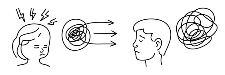 Vector illustration of communication breakdown and mental overload in a line art style silhouette
