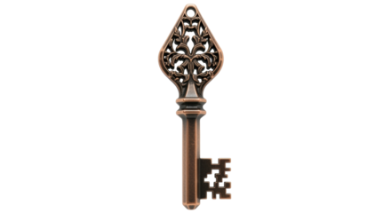 Isolated bronze antique key, vintage style with ornate design, single object, retro style