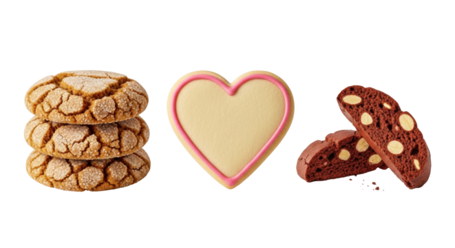 Isolated assortment of cookies, stacked ginger cookies, a heart-shaped cookie and almond biscotti
