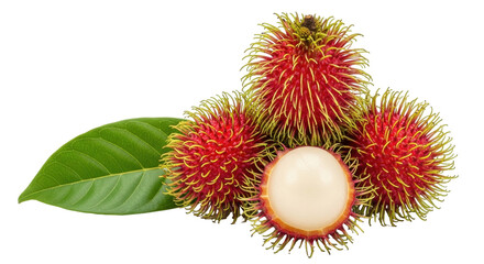 Isolated rambutan fruits with cut open rambutan and a leaf, for healthy eating ingredient