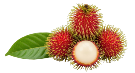 Isolated rambutan fruits with cut open rambutan and a leaf, for healthy eating ingredient
