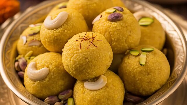Yellow spherical sweets decorated with nuts and saffron sit in a patterned silver bowl