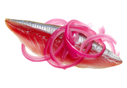 Pickled Herring Fillet with Bright Red Onion Rings isolated on a transparent background