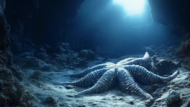 Deep Sea Starfish Resting on Ocean Floor Under Blue Light.