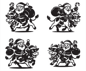 Santa Claus with Cow Vector | Funny Christmas Farm Animal Illustration | Holiday Clipart