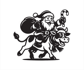Santa Claus with Cow Vector | Funny Christmas Farm Animal Illustration | Holiday Clipart