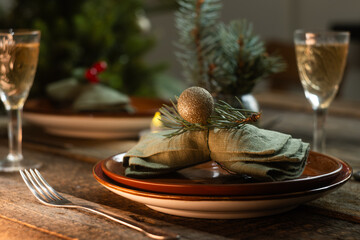 Christmas table setting. Seasonal festive table decor for Christmas. 