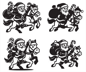 Santa Claus with Horse Vector | Christmas Santa Riding Horse Illustration | Holiday Clipart