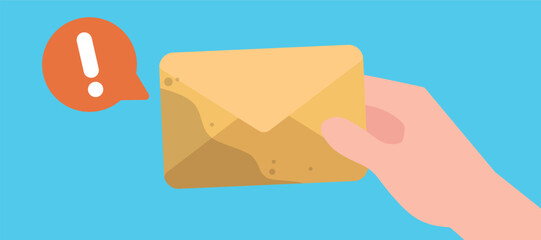 Hand holding damaged mail envelope wet water with red notification icon.