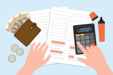 Top view with hand press the calculator button with payment bill paper document and money wallet with banknote and silver coin.