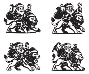 Santa Claus with Lion Vector | Brave Santa Christmas Illustration | Holiday Animal Clipart
