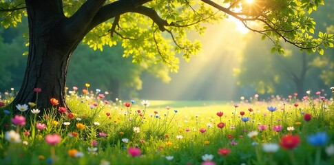 Sun-Dappled Meadow Wildflowers and Arching Branches in a Peaceful Spring Scene
