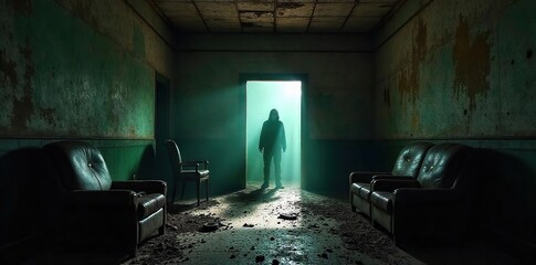 Shadowy Figure in Abandoned Asylum A Gripping Image of Dread and Mystery, Featuring Broken Furniture, Peeling Paint, and a Heavy, Unsettling Atmosphere.