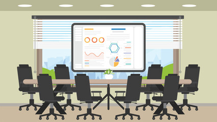 Working space conference room with a large windows with long wooden table and data display screen on the center.