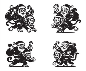 Santa Claus with Monkey Vector | Funny Christmas Animal Illustration | Holiday Cartoon Clipart