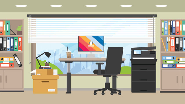 Small working room for working with desktop computer monitor screen, Working space with printer and file binder shelf office filing cabinet.