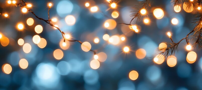 Golden Twinkles on a Blurry Blue Serenity Night Canvas with Glowing Bulbs and Atmospheric Shimmer