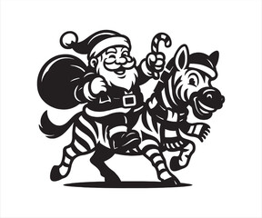 Santa Claus with Zebra Vector | Funny Christmas Safari Illustration | Holiday Cartoon Clipart