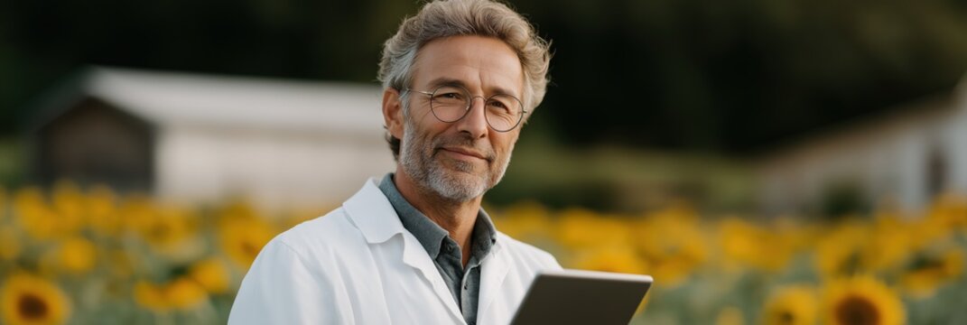 Mature caucasian male scientist in sunflower field using tablet for agricultural research