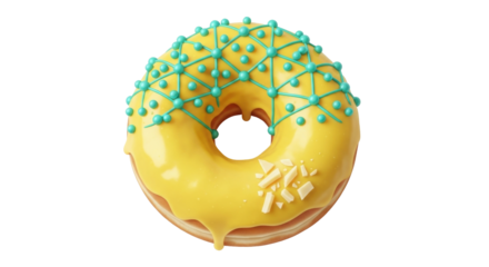 Isolated bright yellow doughnut, blue geometric pattern, delicious, sweet treat, donut glaze