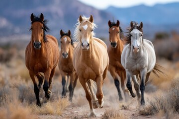 Obraz premium Wild Horses Running Free in Desert Landscape