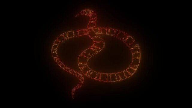 Mysterious neon serpent coiled in darkness with intricate patterns and glowing orange outline