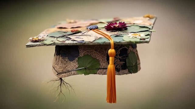 Unique graduation cap made of leaves, twigs, flowers, twine and a mustard-colored tassel