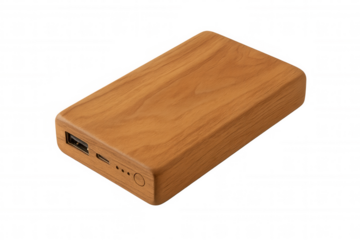 Portable wood power bank with usb ports charging mobile electronic devices on transparent background