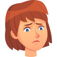 Sad young woman with short brown hair and blue eyes expressing concern with furrowed brow and downturned mouth isolated on white background cartoon illustration