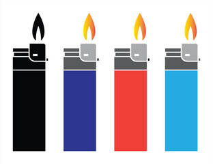 Colorful Lighter Icon Set with Flame in Black, Blue, Red, and Cyan