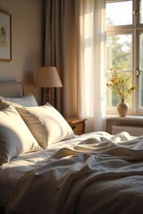 Serene Bedroom Soft Sunlight Illuminates a Cozy Bed, Creating a Peaceful and Inviting Atmosphere Perfect for Relaxation and Restful Sleep