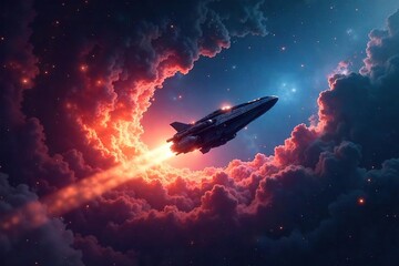 Lone Spaceship Hurtling Through a Swirling Nebula A Cosmic Journey into the Unknown Depths of Space, where stars twinkle in the vast distance, highlighting the scale of this epic adventure.
