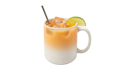 Isolated drink in a mug with straw and lime slice, refreshing summer beverage concept