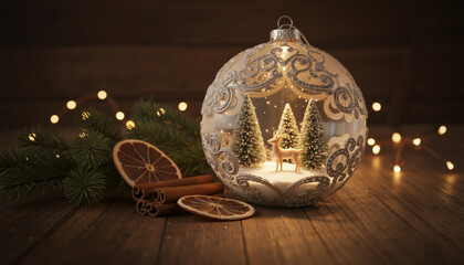 Luxury Christmas snow globe with miniature forest on wooden table.