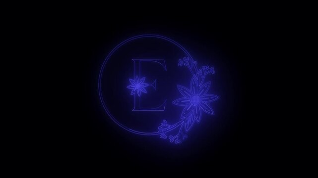 Elegant neon blue letter e monogram with floral accents and circular frame on black background