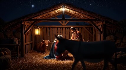A nativity scene with Mary, Joseph, and baby Jesus in a stable, under a starry night