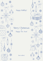 Christmas and New Year Vintage illustration with gifts boxes bows balls toys ribbon snowflakes. Vector background for design holiday decor, greeting card, poster. Blue beige Hand drawn linear elements