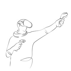 One continuous line drawing on white isolated background. Minimalism linear illustration. game, goggles, gaming, man, reality, technology, virtual, headset, digital, male