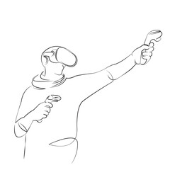 One continuous line drawing on white isolated background. Minimalism linear illustration. game, goggles, gaming, man, reality, technology, virtual, headset, digital, male