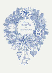 Vintage Toile Christmas wreath hang toys bells balls fir branches holly bow poinsettia. Vector botanical illustration  Background for design greeting card, holiday decor Hand drawn elements Blue beige