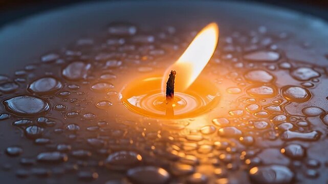 A lit candle, wax pooled with melting bubbles, radiates soft, warm light