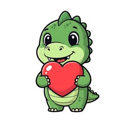 Fototapeta premium Adorable Green Dinosaur with a Heart A Sweet and Charming Cartoon Illustration for Kids and Valentine's Day