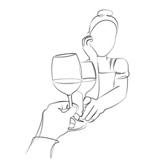 One continuous line drawing on white isolated background. Minimalism linear illustration. man, woman, person, tasting, wine, glasses, alcohol, drink, drinking, happy