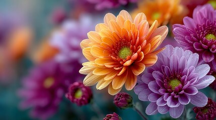 Obraz premium Vibrant Orange and Purple Chrysanthemums with Dew Drops