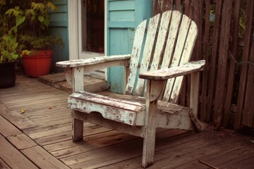 Dirty Patio Furniture. Cleaning Adirondack Chair Outdoors with Hose Spray Nozzle