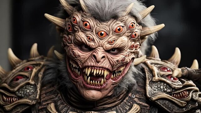 Monstrous creature with multiple orange eyes and sharp teeth wearing bone armor