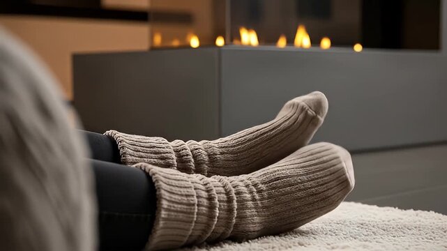 Cozy wool socks warming by a modern fireplace on a fluffy, soft rug