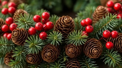 Close-up of a seasonal wreath with pine needles, cones, and red berries - Powered by Adobe