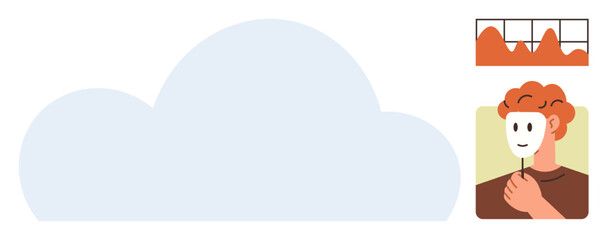 Person lifting a mask beside a cloud graphic and data chart, reflecting honesty, identity, transparency, personal growth, self-awareness, data analysis, and overcoming facades. Simple flat metaphor