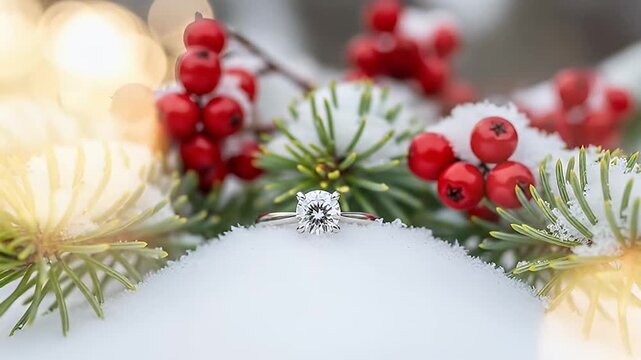 A diamond ring rests on snow, surrounded by pine needles and vibrant red berries